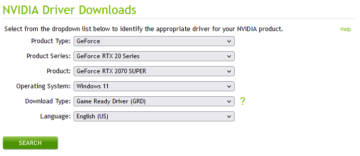 a form showing the correct model number selected for an RTX 2070 Super